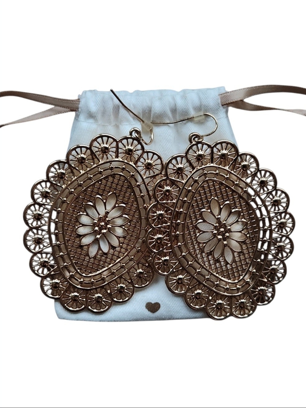 Intricate Gold Lace Floral Filigree Drop Earrings Vintage Look Retro 70s Boho